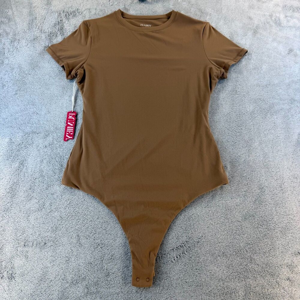 PUMIEY Women's Crew Neck Short Sleeve Stretch Bodysuit Brown Size M NWT